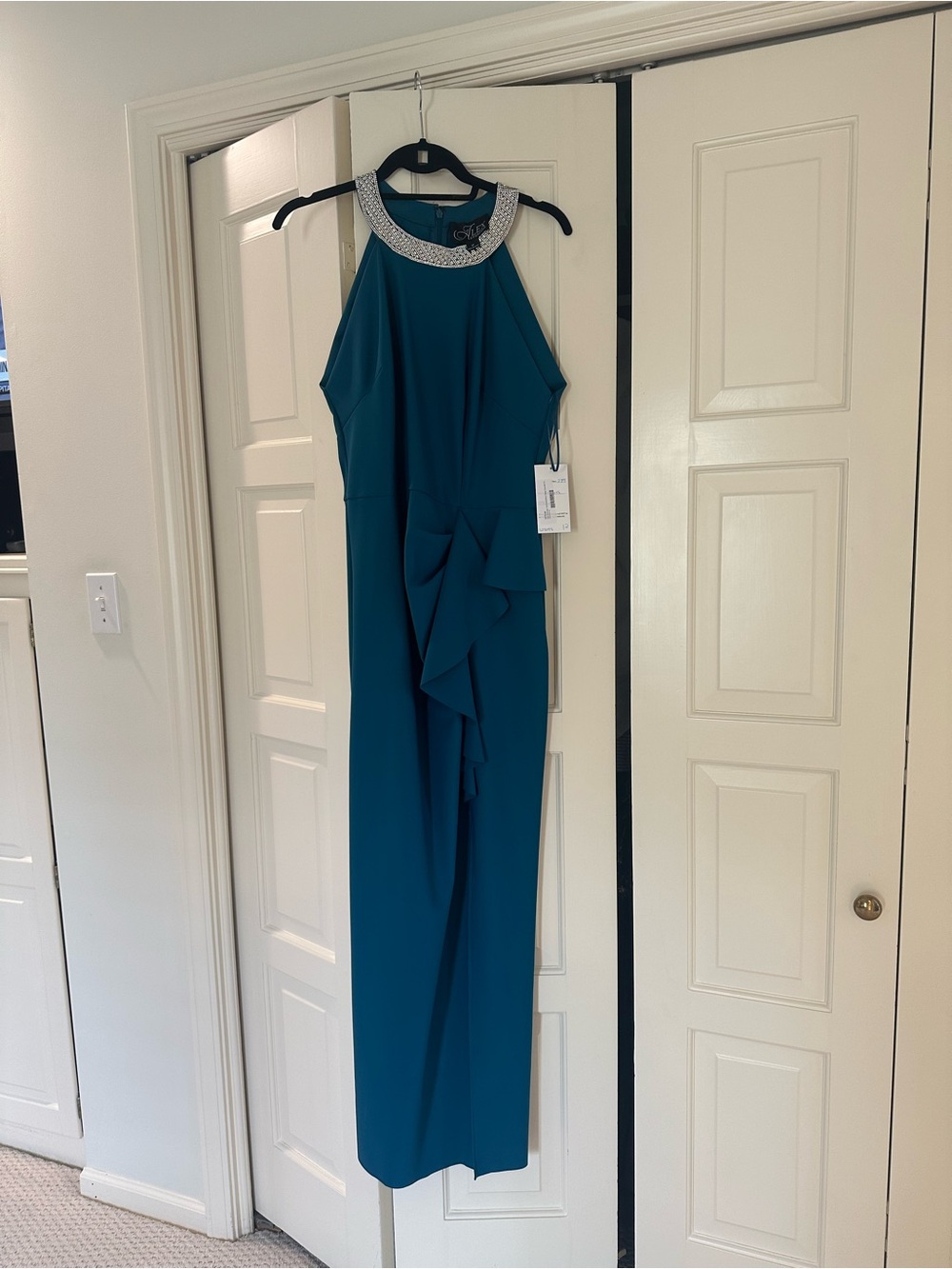 Alex Evenings Teal Halter Maxi Gown with Embellished Collar